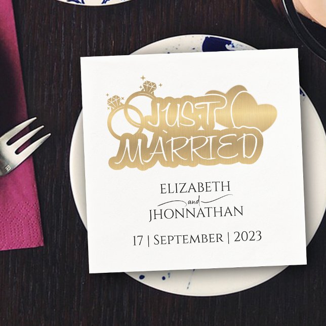 Just Married Elegant Gold Foil Script Couple Names Napkin (Creator Uploaded)