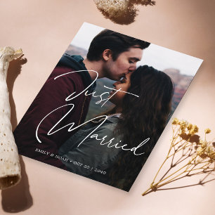 Just Married Elegant Hand Lettering Wedding Photo Announcement