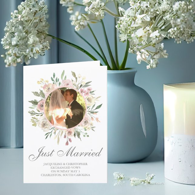Just Married Elegant Pink Floral Photo Wedding Announcement (Creator Uploaded)