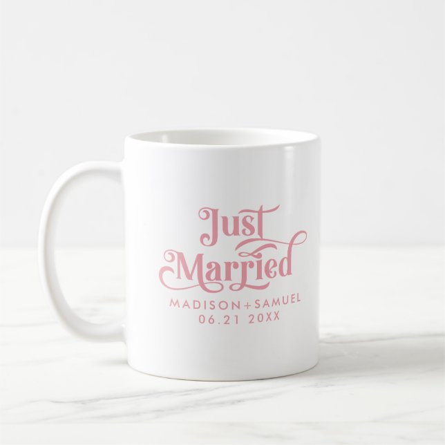 Just Married Elegant Pink Typography Coffee Mug (Left)
