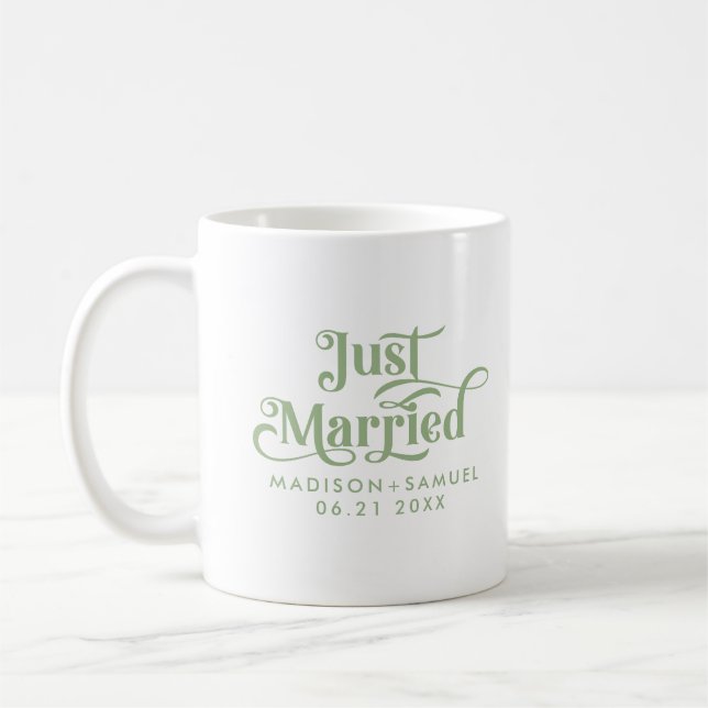 Just Married Elegant Sage Green Typography Coffee Mug (Left)