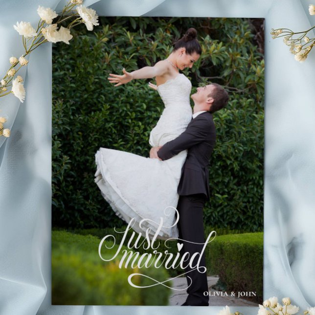 Just Married Elegant Script Photos Wedding Announcement (Creator Uploaded)