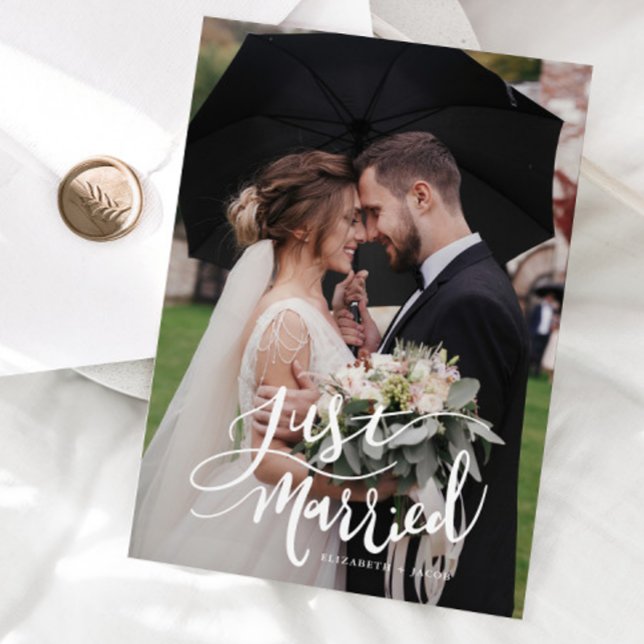 Just Married Elegant Script Wedding Photo  Announcement (Creator Uploaded)