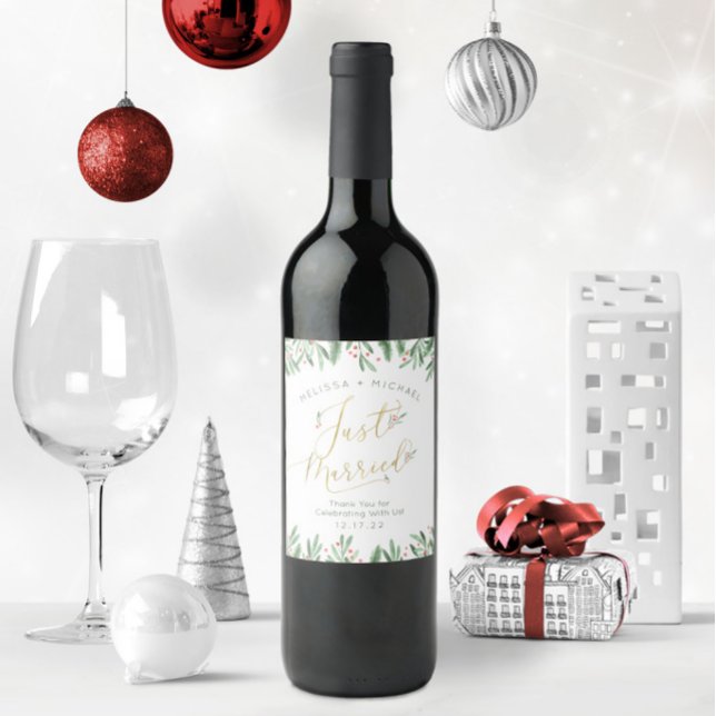 Just Married Elegant Typography Christmas Wedding Wine Label (Personalized Festive "Just Married" Christmas Wedding Wine Labels with Elegant Typography)