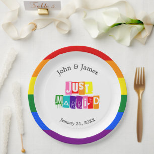 Just Married Gay Wedding Couple LGBTQ Paper Plate
