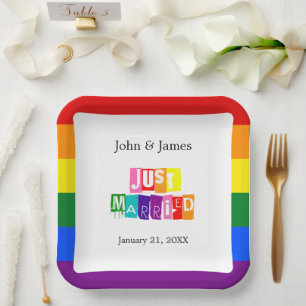 Just Married Gay Wedding Couple LGBTQ Paper Plate