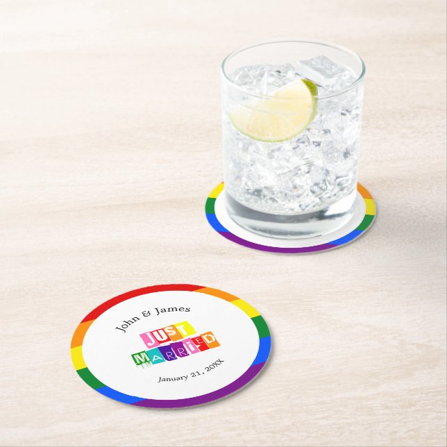 Just Married Gay Wedding Couple LGBTQ Round Paper Coaster (Insitu)