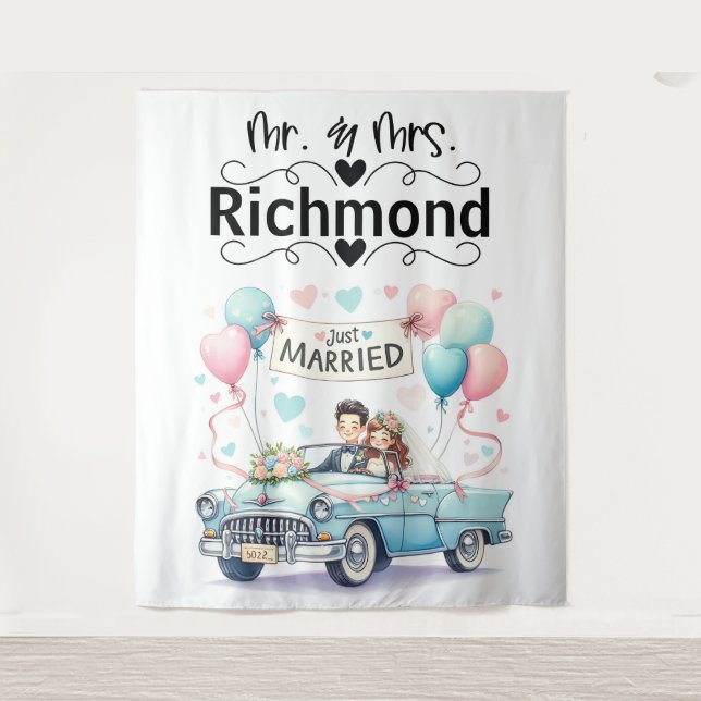 Just Married Getaway – Wedding Backdrop Tapestry (Front)