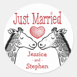 Just Married Giraffe Black, Red Burgundy Wedding Classic Round Sticker