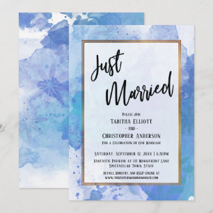 Just Married Gold Border Abstract Blue Splashes Invitation
