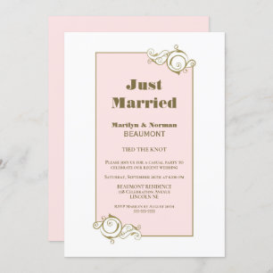 Just Married Gold Frame Pink Wedding Reception Invitation