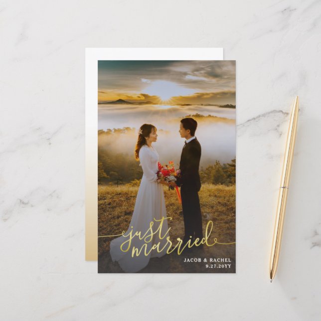 Just Married Gold Full-Photo Wedding Announcement (Front/Back In Situ)