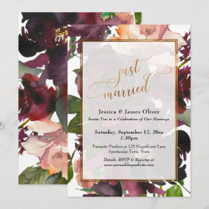 Just Married Gold Script, Dark Red Burgundy Floral Invitation