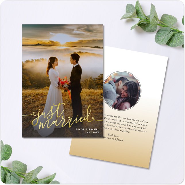 Just Married Gold Script Overlay Photo Wedding Announcement (Creator Uploaded)