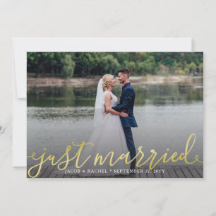 Just Married Gold Script Overlay Photo Wedding Announcement