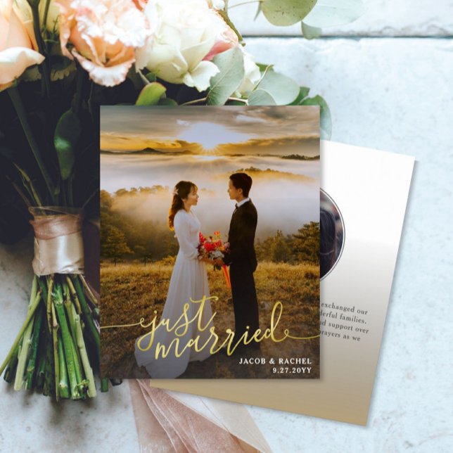 Just Married Gold Type Photo Wedding Announcement (Creator Uploaded)