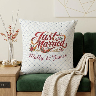 Just Married Green Chequered Dot Minimal Christmas Cushion
