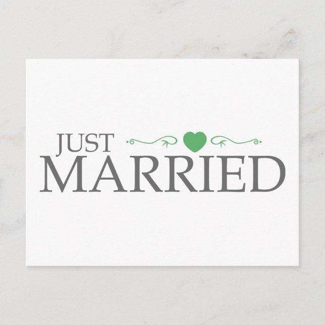 Just Married (Green Heart Scroll) Announcement Postcard (Front)