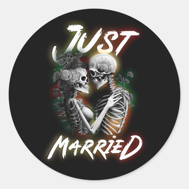 Just Married Halloween Skeleton Bride And Groom We Classic Round Sticker (Front)