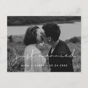 Just married Handwritten minimalist wedding photo Postcard