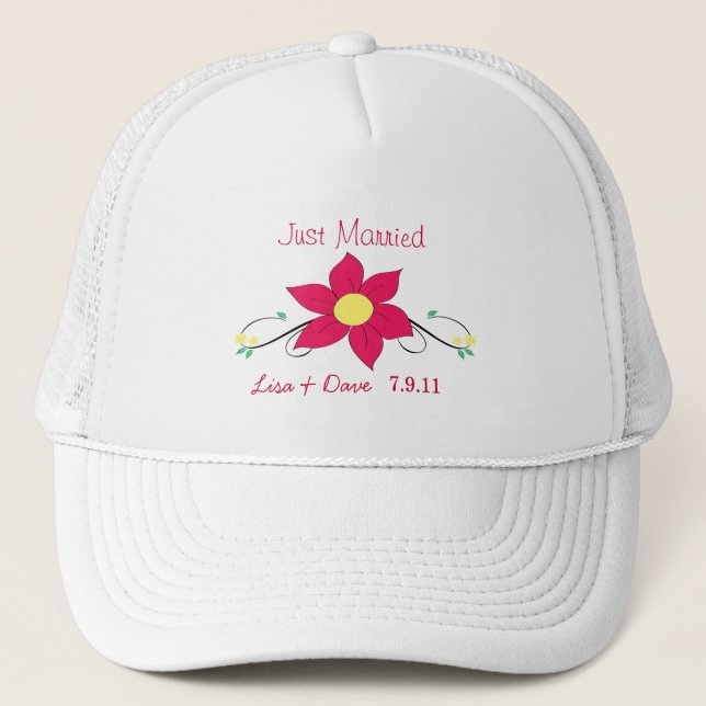 Just Married Hat- Pink Flower Trucker Hat (Front)