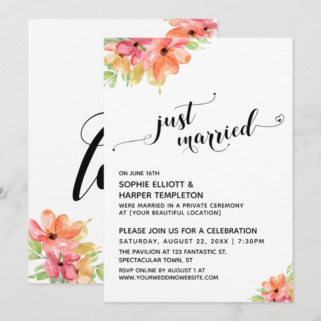 Just Married Hearts Script Watercolor Flowers Invitation (Front/Back)