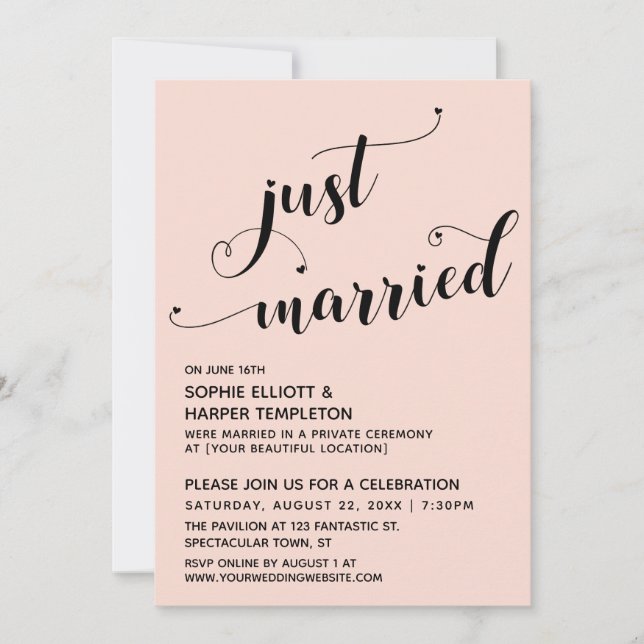 Just Married Hearts Typography Blush Reception Invitation (Front)