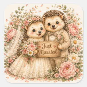 Just Married Hedgehog Couple Watercolor Art Square Sticker
