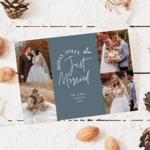 Just Married Holiday Newlywed Photo Slate Blue Card