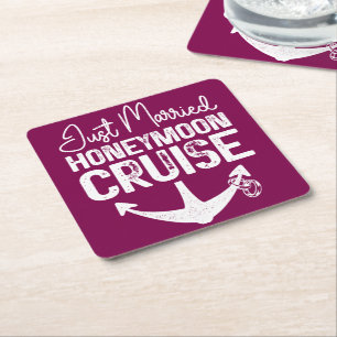 Just Married Honeymoon Cruise Ring Matching Gifts Square Paper Coaster