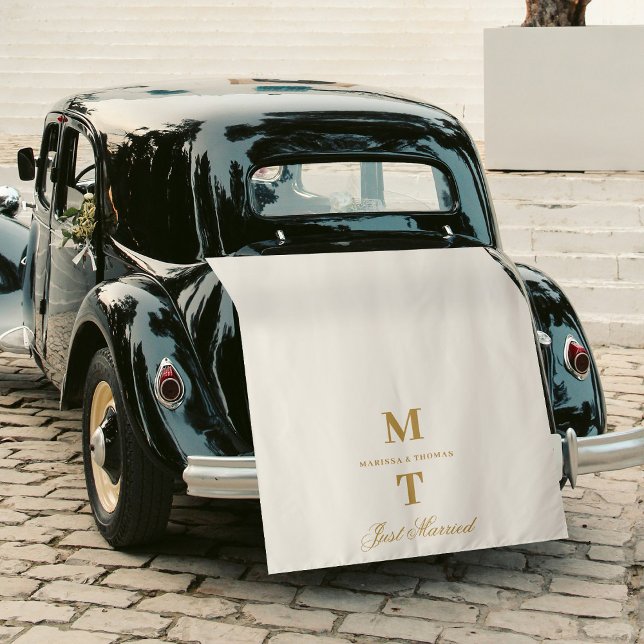 Just Married Ivory Gold Wedding Car Banner Sign Tapestry (Just Married Ivory Gold Fabric Car Banner Sign Tapestry)