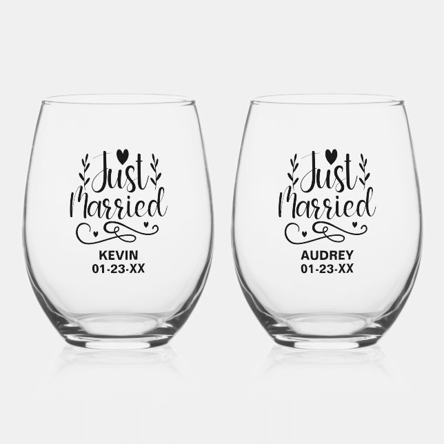 Just Married Keepsake Stemless Wine Glass (Front)