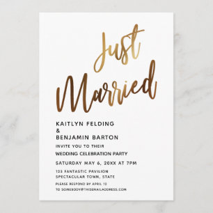 Just Married Minimal Gold Calligraphy Reception Invitation