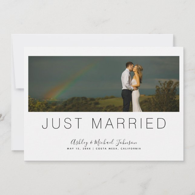Just Married Minimalist Hand Lettered Photo Invitation (Front)