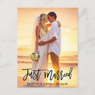 Just Married Modern Brush Script Photo Postcard