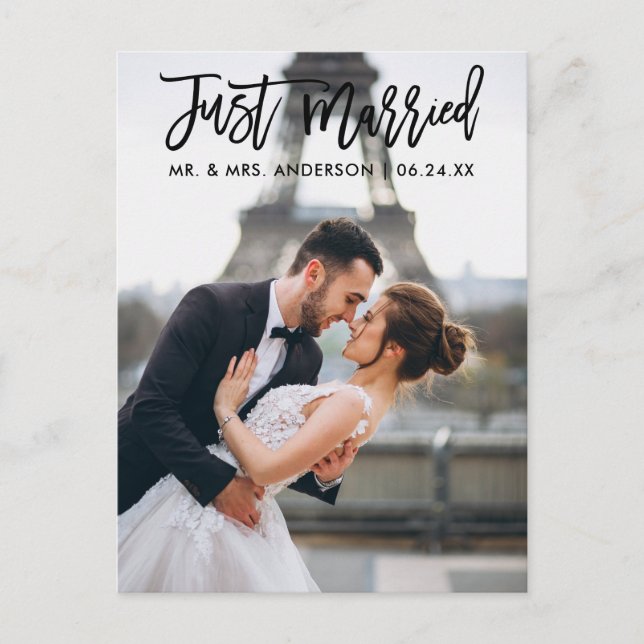 Just Married Modern Brush Script Wedding Photo Postcard (Front)