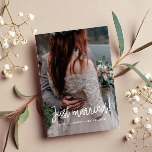 Just married Modern calligraphy wedding photo card