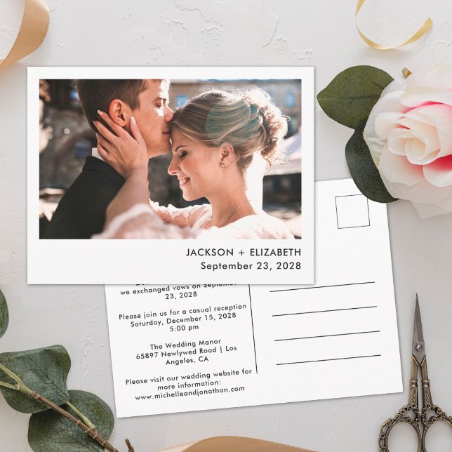 Just married modern elopement photo announcement postcard (Creator Uploaded)