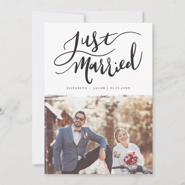 Just Married | Modern Hand Lettered Script Wedding Announcement (Front)