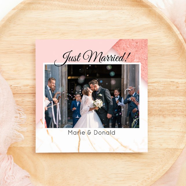 Just Married Modern Pink and Gold Glitter Marble Holiday Card (Creator Uploaded)