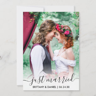 Just Married Modern Trendy Script Overlay Card