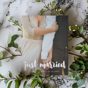 Just married Modern typography wedding photo Postcard