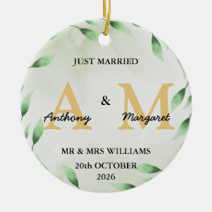  Just Married monogram Names Mr & Mrs With 1 Photo Ceramic Ornament