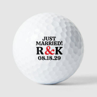 JUST MARRIED Monogram Wedding Date & Red Ampersand Golf Balls