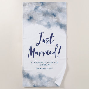Just Married Mr and Mrs Blue and Grey Watercolor Beach Towel