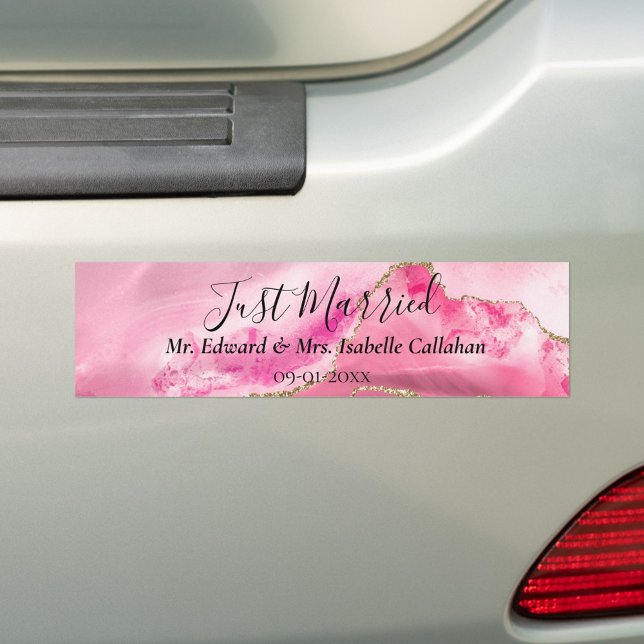 "Just Married" "Mr. & Mrs." Pink Agate Stone Bumper Sticker (Creator Uploaded)
