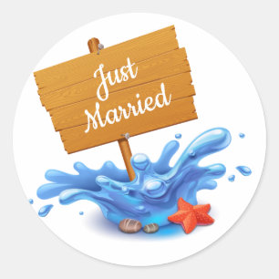 Just Married Nautical Beach Navy Blue Wedding Wave Classic Round Sticker