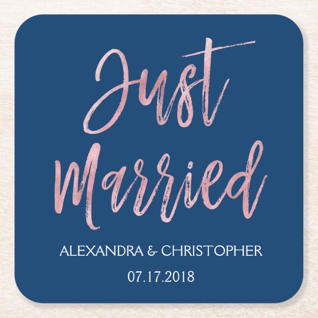 Just Married Navy Blue and Rose Gold Foil Coasters (Front)
