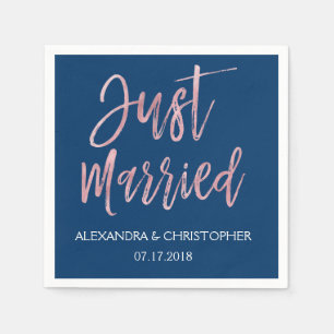 Just Married Navy Blue and Rose Gold Foil Napkins