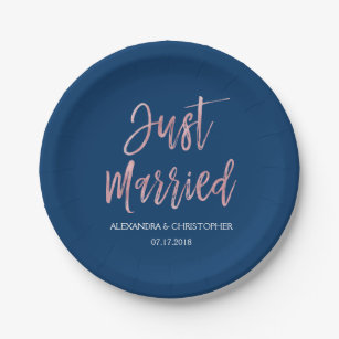 Just Married Navy Blue and Rose Gold Foil Paper Plate